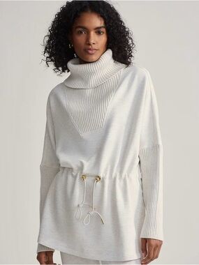 Varley Suffolk Oversized Sweat Turtleneck Sweater Medium Cinch Waist Cream Brown